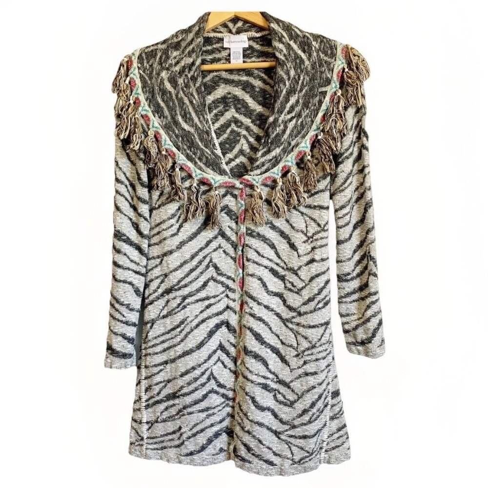 Soft Surroundings Fringe Zebra Print Oversized Cardigan Women’s XS Boho Festival
